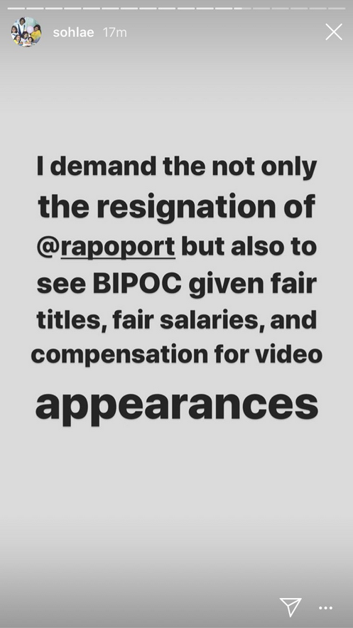 I demand the not only the resignation of @rapoport but also to see BIPOC given fair titles, fair salaries, and compensation for video appearances